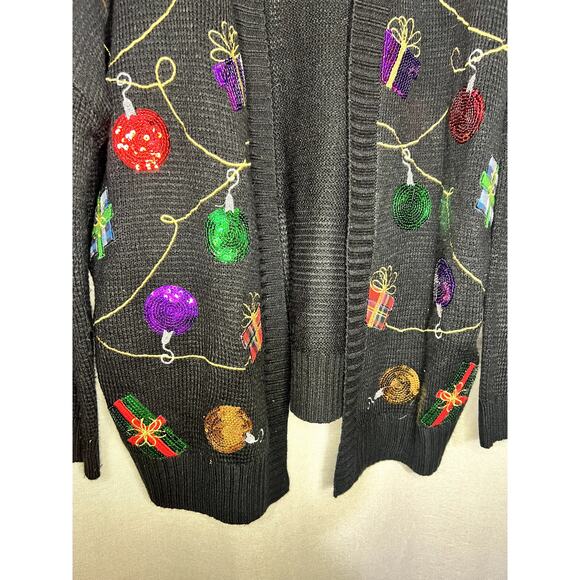 Holiday Time Black Christmas Sequin Ugly Christmas Cardigan Sweater - Picture 3 of 6